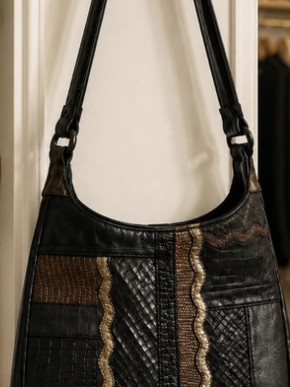 SHARIF Black and Brown Patchwork Leather Shoulder Bag